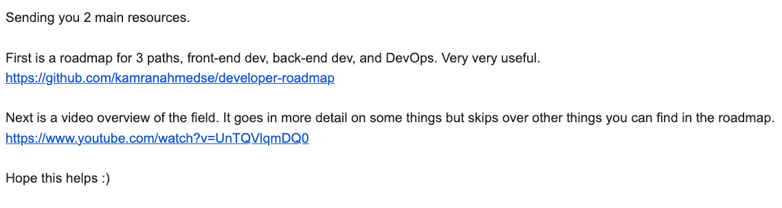 Screenshot of the email my friend sent to me with the web developer roadmap.