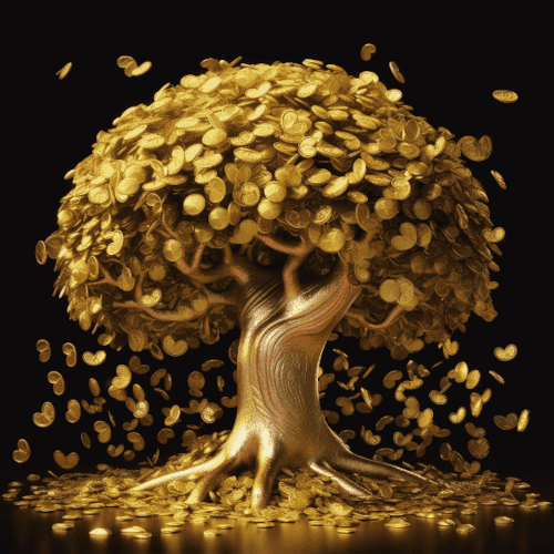 A lush tree with strong roots, bearing fruits in the form of golden coins, symbolizing the portfolio of small bets.