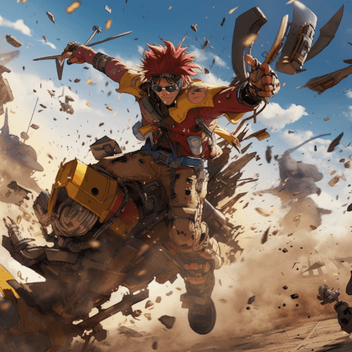 Eustass Kid, One Piece, battlefield scene, individual scrap parts pulled in the air, part flying into assembling mech suit.